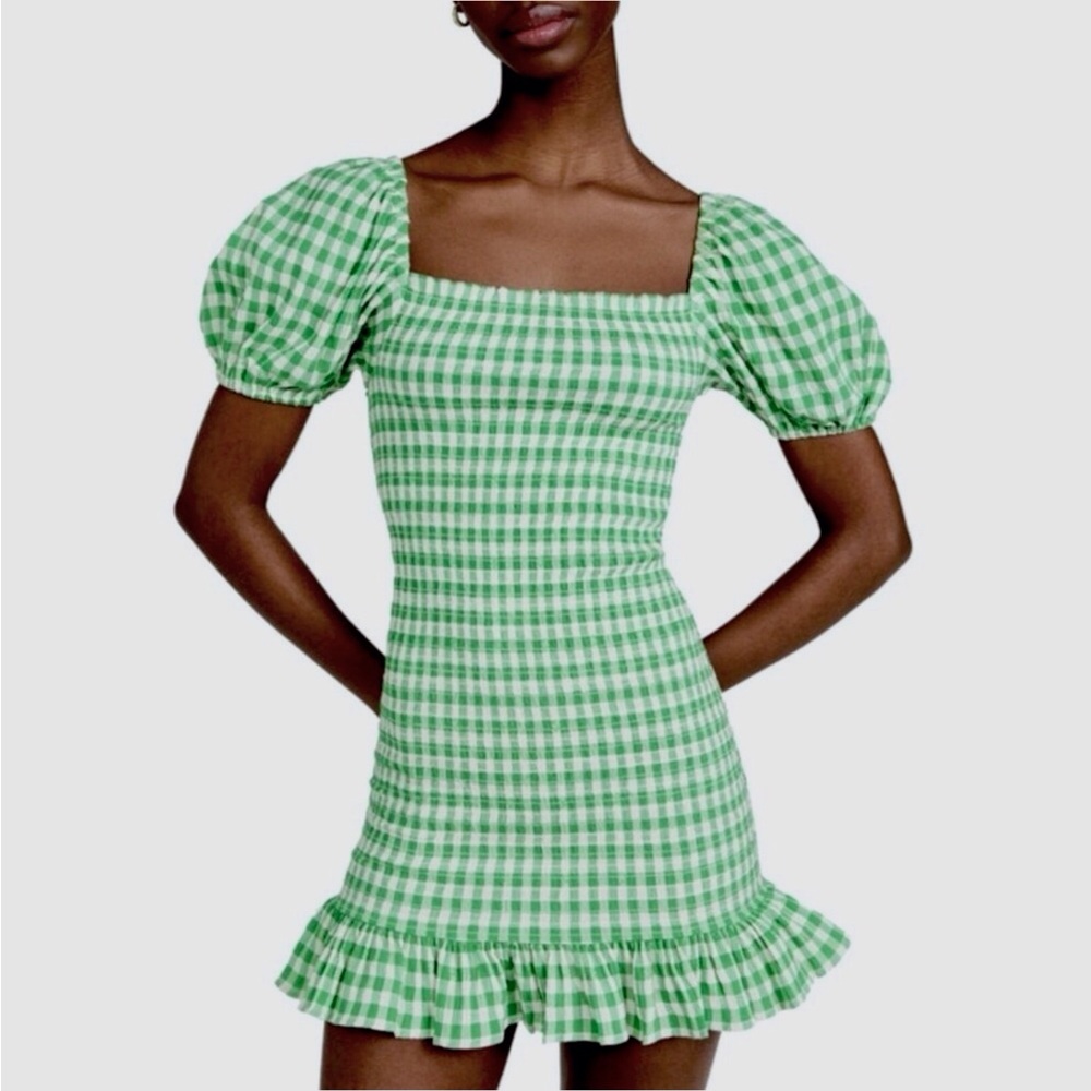 BB Dakota by Steve Madden Picnic Vibes Green Smocked Gingham Check Dress, Sz M